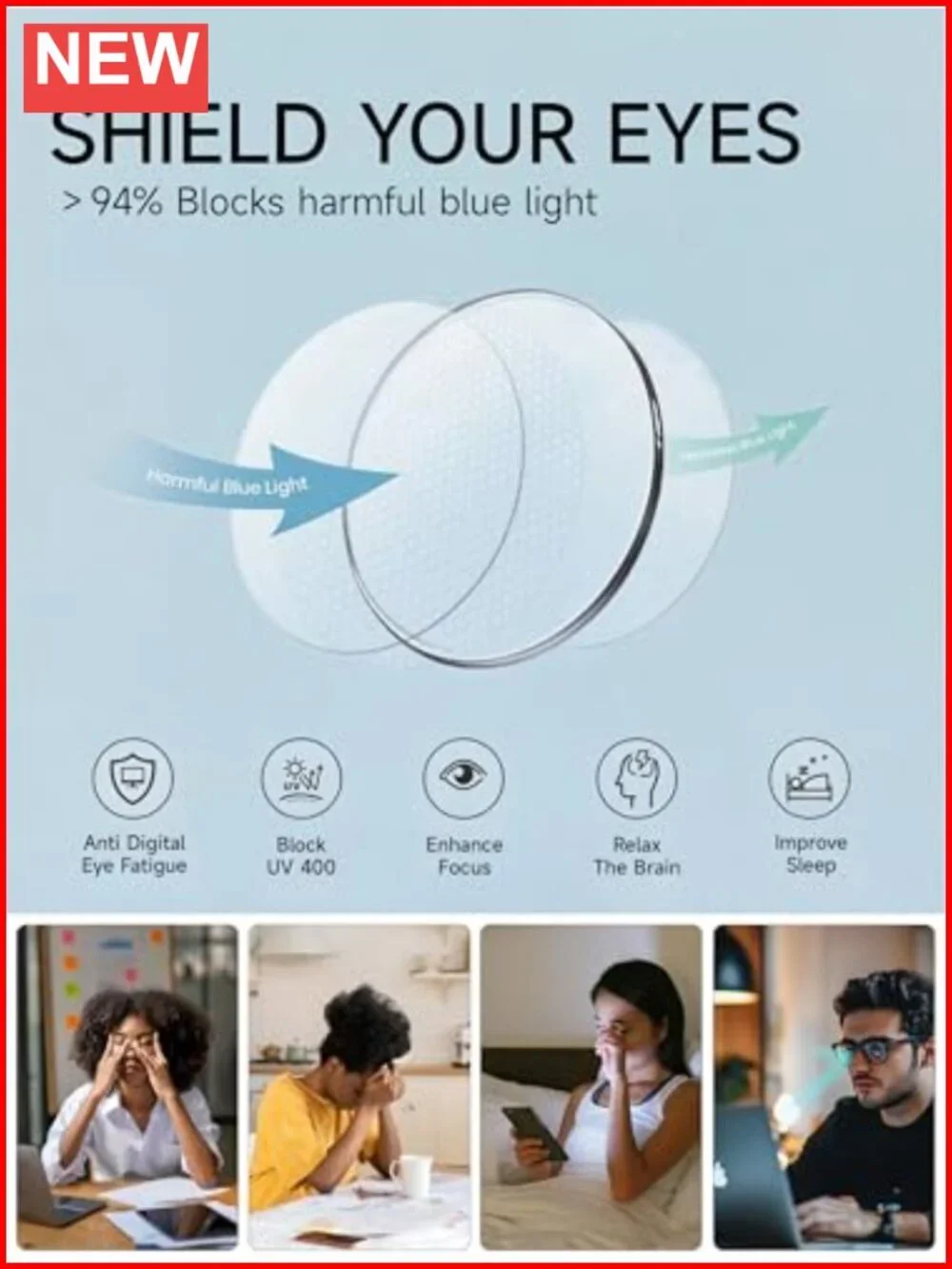 Oversized Square Blue Light Glasses TR90 Frame Reduce Eyestrain for TV Computer